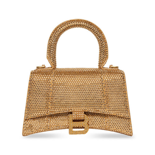 Balenciaga/巴黎世家 22新款 HOURGLASS MODEL XS系列 女士金色絨面小牛皮飾有水鉆做舊金色飾面拆卸調(diào)節(jié)肩帶肩背手提包59283328D0M7080