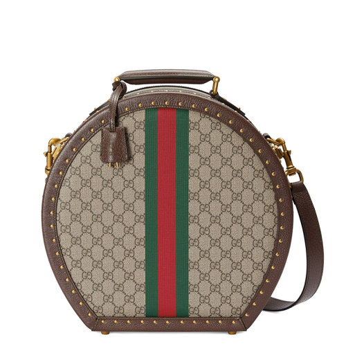 GUCCI/古馳 22春夏新款 男士米色/烏木色帆布棕色皮革滾邊飾紅綠條紋織帶金扣單肩斜跨手提帽子盒6023702YGAT8358