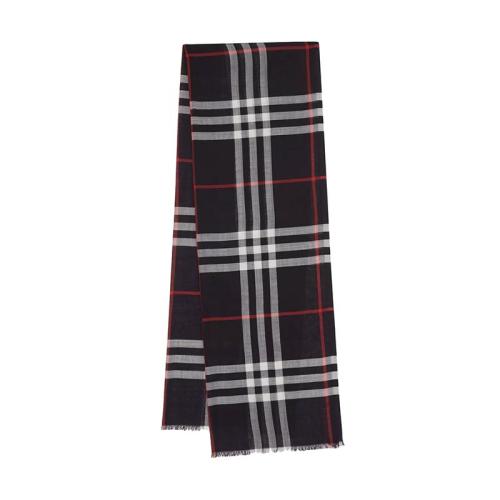 BURBERRY/博柏利 22年早春新款 男女同款海軍藍羊毛桑蠶絲混紡輕盈格紋細穗流蘇圍巾80154061