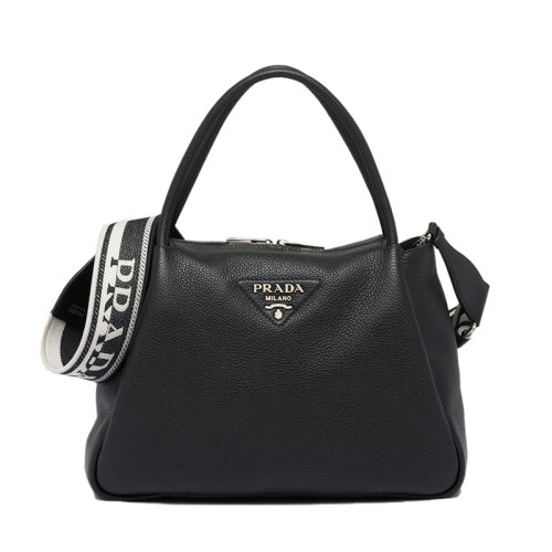 PRADA/普拉達 22年新款 女士大號黑色皮革飾有三角徽標配織物肩帶拉鏈開合單肩斜跨手提包1BC0_2DKV_F0002_V_3OO