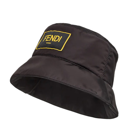 FENDI/芬迪 女士黑色尼龍黃黑拼色字母徽標(biāo)刺繡貼片水桶帽漁夫帽無檐帽女帽 FXQ801-ADRT-F0QA1