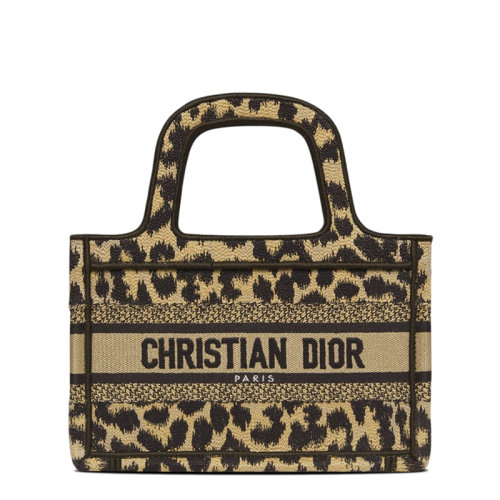 DIOR/迪奧  BOOK系列 女士迷你米色拼色Mizza圖案刺繡豹紋手提托特包S5475ZRHM_M918