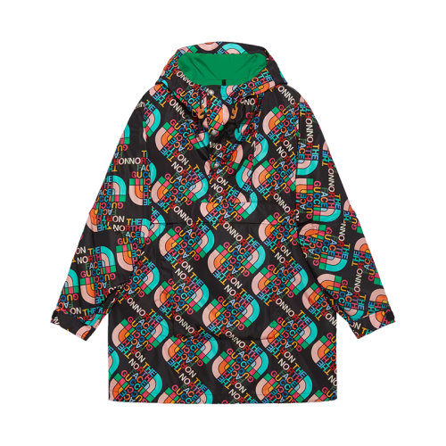 GUCCI/古馳 22秋冬款 The North Face聯(lián)名系列 女士多色聚酰胺飾有彩色印花LOGO圖案袖口魔術(shù)貼抽繩固定風(fēng)帽黑色輕質(zhì)尼龍沖鋒衣外套?672461ZAH9B1478