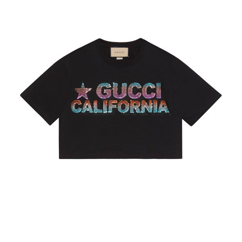 GUCCI/古馳 22年春夏新款 女士黑色純棉California亮片刺繡短袖T恤691843XJEN61043