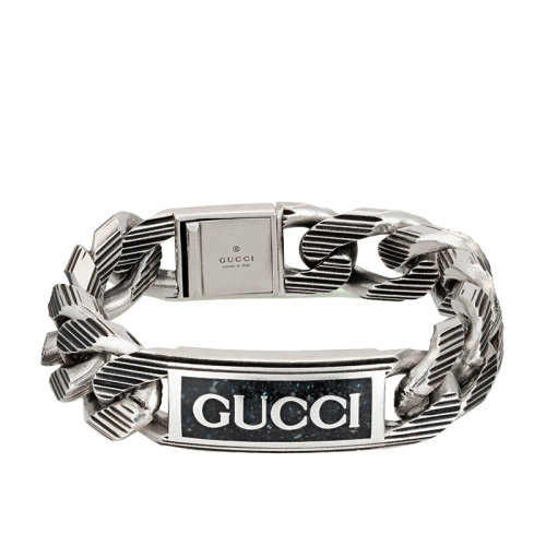 GUCCI/古馳 22新款 男士925純銀Gucci標(biāo)識(shí)寬版黑色琺瑯刻紋鏈條手鏈?701615J84101064