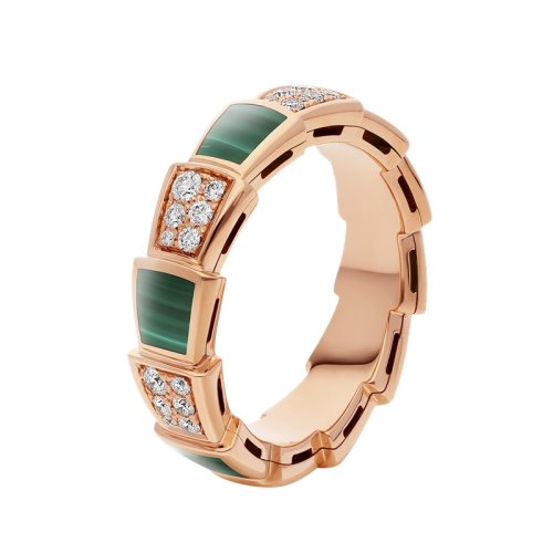 BVLGARI/寶格麗 Serpenti Viper系列 經(jīng)典款孔雀石18K金玫瑰金帶鉆 中號蛇形戒指 355020