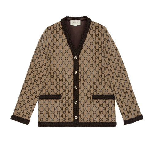 GUCCI/古馳新款女士米色V領(lǐng)羊毛GG提花毛氈針織開衫644570XKBN19751