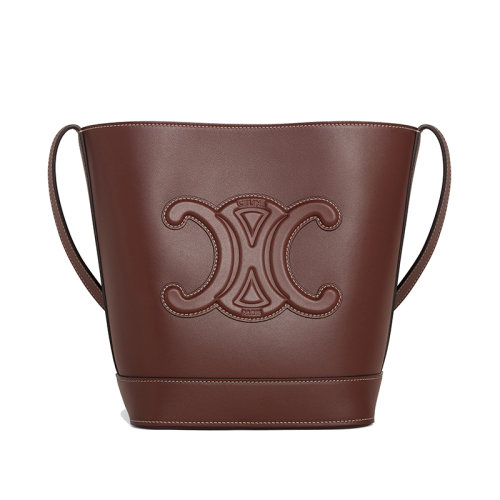 CELINE/賽琳 22新款 TRIOMPHE系列 女士小號(hào)板栗粽色小牛皮按壓紐扣閉合單肩水桶包198243DU3.18CH