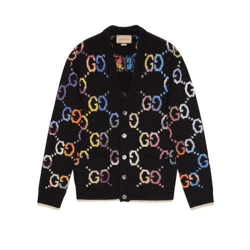 GUCCI/古馳 22年秋冬新款 愛(ài)的進(jìn)行曲系列 男士黑色羊毛混紡老花提花針織開(kāi)衫毛衣694776XKCD41152