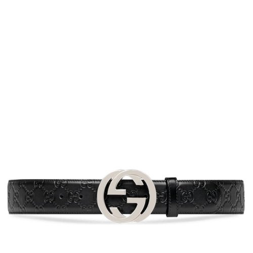 GUCCI/古馳   經典款Signature男士黑色牛皮印花雙G腰帶 411924CWC1N1000