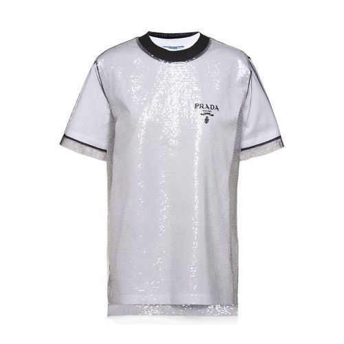 PRADA/普拉達(dá) 22年早春新款 女士黑白色亮片刺繡薄紗平紋針織棉質(zhì)短袖T恤3579AR_1Z5N_F0964_S_221