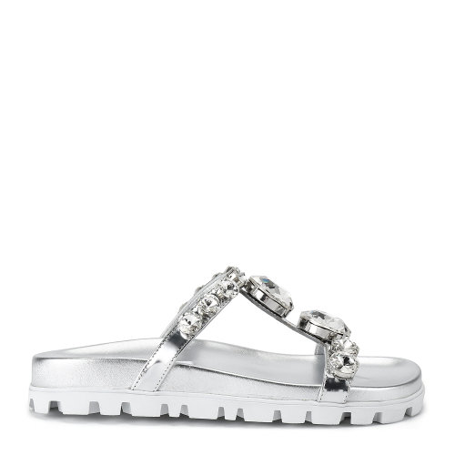 MiuMiu/繆繆 銀色 女士仿水晶裝飾金屬皮革涼鞋 5XX414_3T06_F0118_F_010