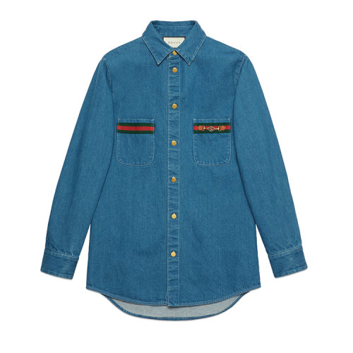 GUCCI/古馳 飾織帶石磨水洗牛仔男士長袖襯衫 626480 XDBCG