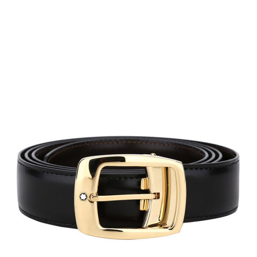 MontBlanc/萬(wàn)寶龍 男士經(jīng)典系列黑色牛皮金色方形針扣皮帶腰帶 可裁剪 5562