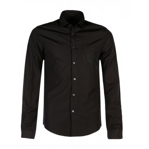 GUCCI 古馳 男士 服裝  黑色翻領(lǐng)系扣棉質(zhì)長(zhǎng)袖襯衫 男士長(zhǎng)袖襯衫