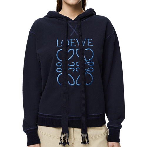 LOEWE/羅意威 22年春夏新款 女士海軍藍(lán)色醋酸面料Logo刺繡連帽衫衛(wèi)衣S359341XAQ-5110