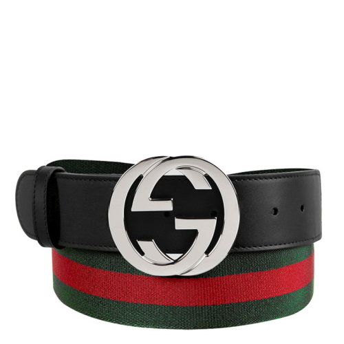 GUCCI/古馳   經(jīng)典雙G 紅綠織帶 男士黑色織物配皮腰帶 411924 H917N 1060