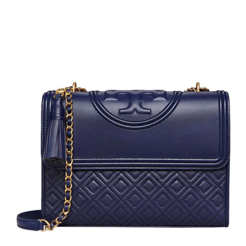 Tory Burch/湯麗柏琦  FLEMING系列 女士深藍(lán)色皮革經(jīng)典時(shí)尚金屬鏈條包單肩包斜挎包翻蓋包TB女包 43833-403