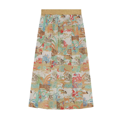 GUCCI/古馳 22年早春新款 中國(guó)新年系列 女士金色/綠色粘纖混紡老虎和花朵印花配金銀絲線提花百褶裙?686499XKB8U7257