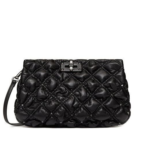 Valentino/華倫天奴  SPIKEME系列 女士小號黑色壓花納帕皮小飾釘手拿斜挎單肩包VW2B0I22EFZ0NO