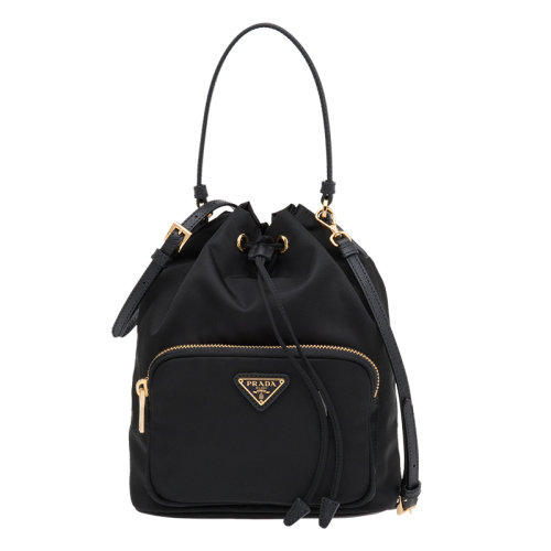 PRADA/普拉達(dá) 22新款 duet系列 女士黑色再生尼龍皮革手柄拉鏈口袋金色徽標(biāo)滑動(dòng)閉合手提單肩包1BH038_RV44_F0002_V_UOO