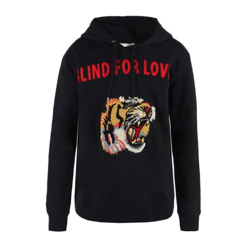 GUCCI/古馳 男裝 服飾 黑色棉質(zhì)時尚虎頭刺繡連帽長袖時尚休閑 男衛(wèi)衣