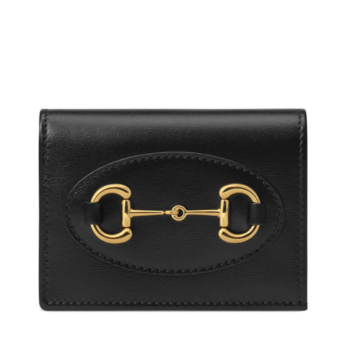 GUCCI/古馳 Horsebit 1955系列 黑色小牛皮折疊按扣錢包 6218870YK0G1000
