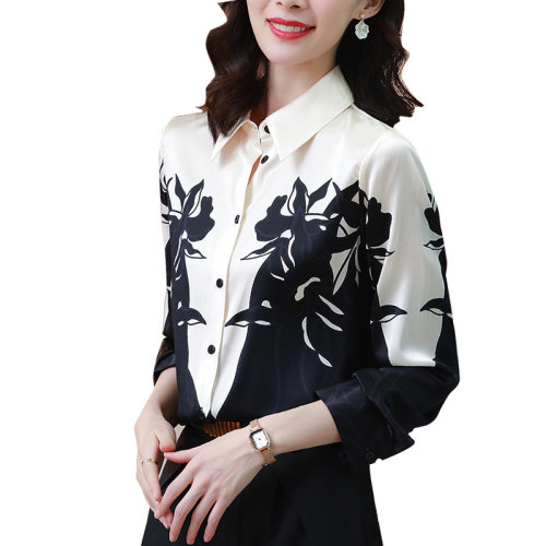GeleiStory/GeleiStory 春夏新款桑蠶絲襯衫翻領(lǐng)撞色印花真絲長袖上衣  女裝＞女士襯衫＞女士長袖襯衫