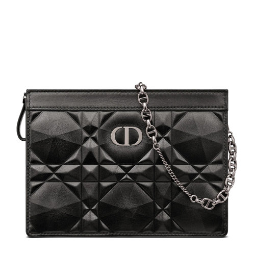 DIOR/迪奧 22春夏新款DIOR CARO系列 女士黑色菱形壓印小牛皮銀扣配可拆卸銀鏈拉鏈開合單肩斜挎手拿錢包S5106BNEM_M900