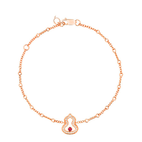 QEELIN/麒麟珠寶 WULU系列 18K金玫瑰金鑲嵌鉆石紅寶石葫蘆掛墜手鏈WU-040-LGBL-RGDRU