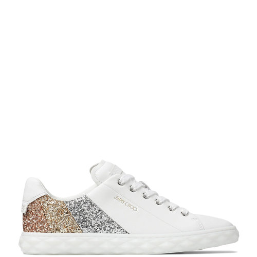 Jimmy Choo/周仰杰 22年秋冬新款 DIAMOND LIGHT系列 女士白色納帕革拼金色閃粉面料低幫運(yùn)動(dòng)鞋DIAMONDLIGHTFWQJ-BLANC