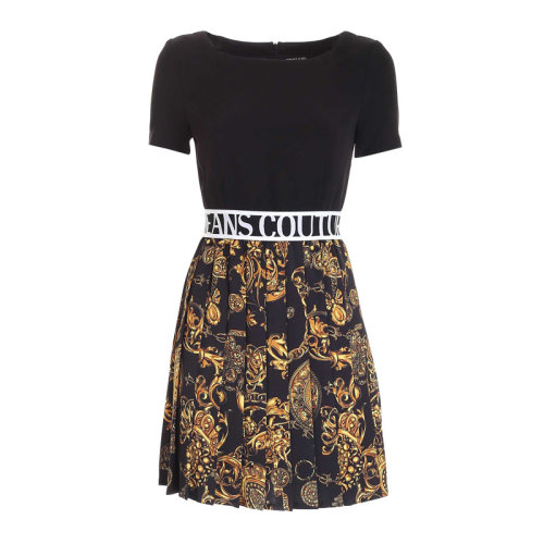 VERSACE JEANS/范思哲牛仔 女士黑色滌綸混紡彈性纖維經(jīng)典字母徽標(biāo)巴洛克印花裝飾圓領(lǐng)長袖連衣裙 71HAO919-NS006-G89