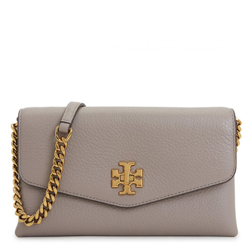 Tory Burch/湯麗柏琦 女士灰色牛皮經(jīng)典金屬字母徽標裝飾翻蓋單肩包斜挎包鏈條包女包 74881-082