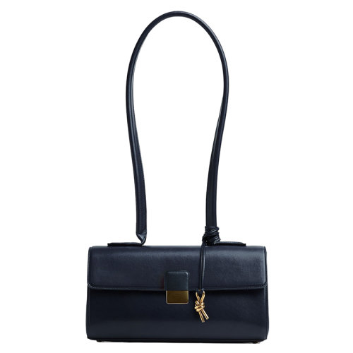 Bottega Veneta/葆蝶家 22新款 Desirede系列 女士深空藍色小牛皮金屬搭扣翻蓋開合中長款單肩包718247V2EQ08847