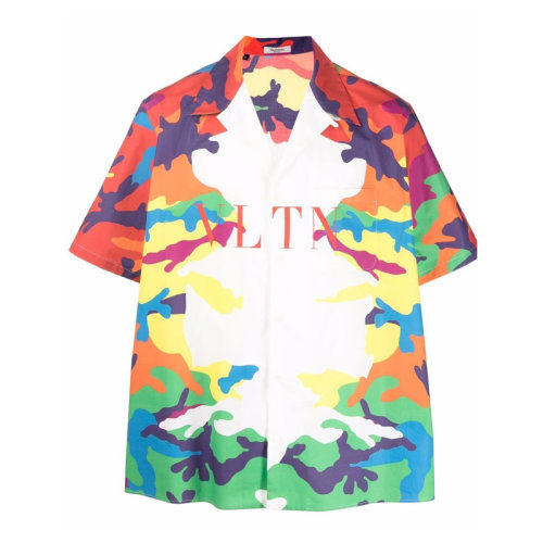 Valentino/華倫天奴 男士拼色棉質(zhì)經(jīng)典字母徽標(biāo)印花裝飾翻領(lǐng)短袖上衣襯衣襯衫 WV3AAA90-7KG-C65