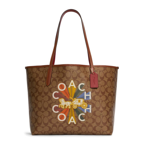 COACH/蔻馳 女士卡其色涂層帆布配皮經(jīng)典字母馬車徽標印花裝飾按扣開合單肩包手提包托特包女包 C6813IME7V