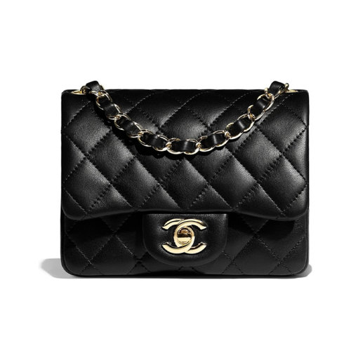 CHANEL/香奈兒 經(jīng)典黑色滑面小牛皮金扣鏈條方胖子迷你單肩包A35200Y0405994305