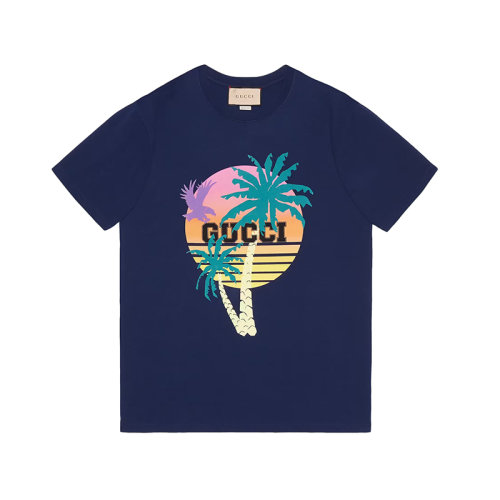 GUCCI/古馳 22年春夏新款 愛的進行曲系列 男士藍色純棉棕櫚樹印花短袖T恤548334XJEOV4684
