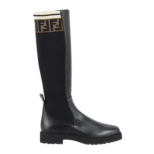 FENDI/芬迪 女士黑色皮革靴子女士高筒靴