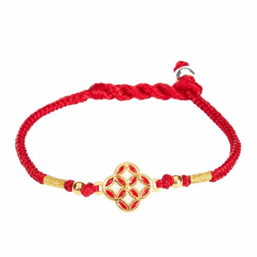 GJY/古金玥 小銅錢 3D硬金999足金琺瑯烤漆四方雙耳銅錢 手工編織轉(zhuǎn)運珠手鏈