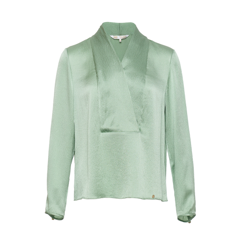 HUI/卉 女士長袖襯衫20秋季新品竹青色真絲套頭衫V字疊領(lǐng)設(shè)計(jì)上衣