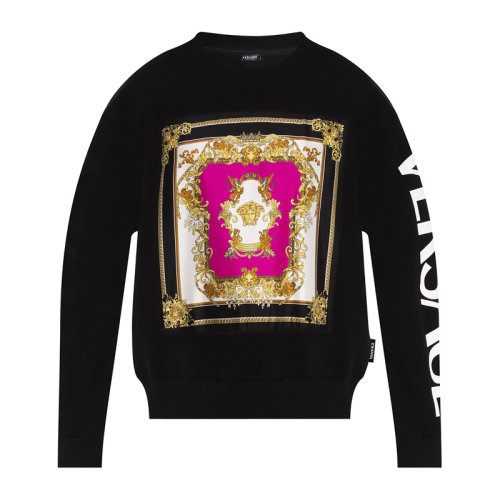 VERSACE/范思哲 女士黑色棉質(zhì)混紡滌綸經(jīng)典美杜莎頭像貼飾圓領(lǐng)長袖上衣衛(wèi)衣套頭衫 1001569-1A01174-2B070