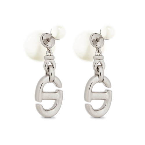 DIOR/迪奧 22新款 女士銀色飾面金屬配白色樹脂珠CD字母形狀耳環(huán)E2112WOMRS_D009