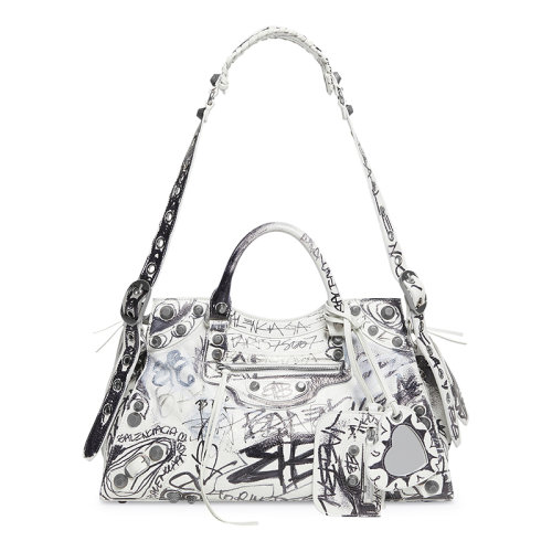 Balenciaga/巴黎世家 22新款 NEO CAGOLE CITY系列 女士白色/黑色涂鴉印花小羊皮銀色飾面拉鏈開合拆卸心形鏡子拉鏈口袋徽標(biāo)編織手柄手提包700451210GD9060