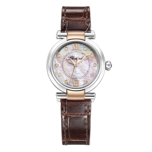  Chopard/蕭邦  蕭邦I(lǐng)MPERIALE系列精鋼和玫瑰金自動(dòng)機(jī)械珍珠貝母表盤棕色鱷魚(yú)皮表帶女士鑲鉆腕表29毫米 388563-6013