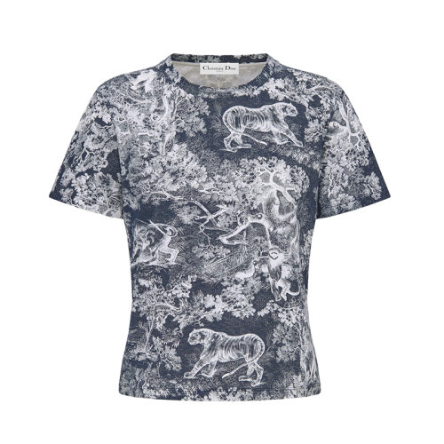 DIOR/迪奧 22年早春新款 女士海軍藍色棉麻混紡平紋面料蜜蜂圖案印花短袖T恤223T19A4498_X5813