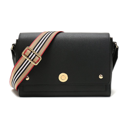 BURBERRY/博柏利  巴寶莉女包 條紋肩帶 女士黑色皮質(zhì)時(shí)尚翻蓋單肩斜挎包 80174621