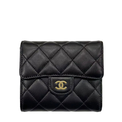 CHANEL/香奈兒 經(jīng)典款 女士黑色棱紋小羊皮金色雙C三折短款錢包