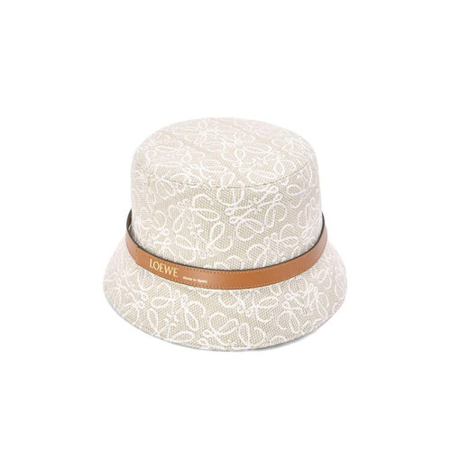 LOEWE/羅意威 22年春夏新款 女士淺褐色/軟白色提花布和牛皮革老花圖案水桶帽漁夫帽K820HB1X05-2614
