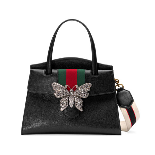 GUCCI/古馳 女包 時尚百搭 紅綠織帶蝴蝶裝飾 女士黑色皮質(zhì)手提包 505342-CWGEX-8478